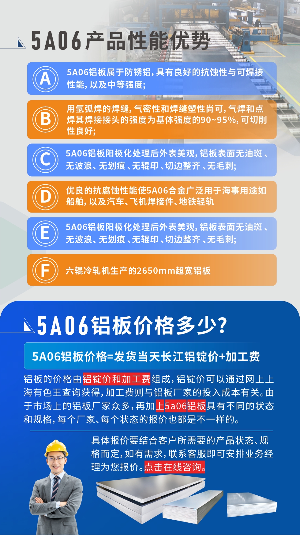 产品性能优势   

1、5A06铝板属于防锈铝，具有良好的抗蚀性与可焊接性能，以及中等强度;

2、用氩弧焊的焊缝，气密性和焊缝塑性尚可，气焊和点焊其焊接接头的强度为基体强度的90~95%，可切削性良好;

3、5A06铝板阳极化处理后外表美观，铝板表面无油斑 、无波浪、 无划痕 、无辊印 、切边整齐 、无毛刺;

4、优良的抗腐蚀性能使5A06合金广泛用于海事用途如船舶，以及汽车、飞机焊接件、地铁轻轨;

5、六辊冷轧机生产的2650mm超宽铝板;