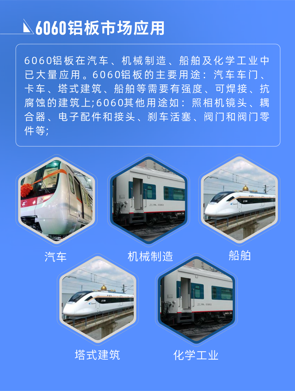 6060铝板标准对照
美国铝业协会(AA) 6060，UNS A96060，ISO R209 AlMgSi;6060铝板市场应用:
6060铝板在汽车、机械制造、船舶及化学工业中已大量应用。6060铝板的主要用途：汽车车门、卡车、塔式建筑、船舶等需要有强度、可焊接、抗腐蚀的建筑上;6060其他用途如：照相机镜头、耦合器、电子配件和接头、刹车活塞、阀门和阀门零件等;

