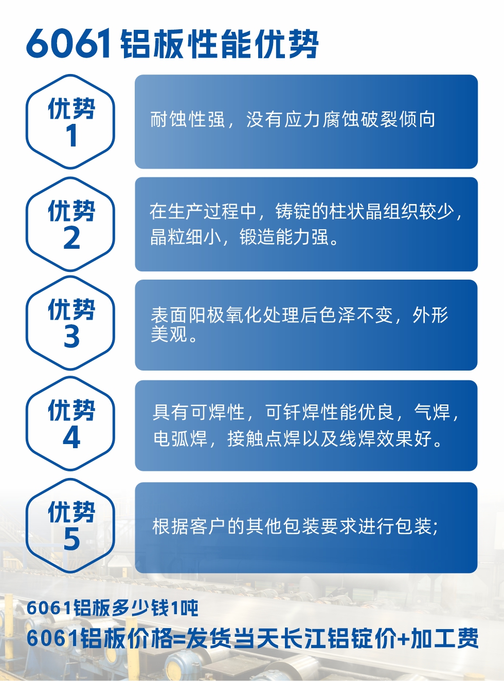 耀世铝业6061铝板性能优势

　　1、耐蚀性强，没有应力腐蚀破裂倾向。

　　2、在生产过程中，铸锭的柱状晶组织较少，晶粒细小，锻造能力强。

　　3、表面阳极氧化处理后色泽不变，外形美观。

4、具有可焊性，可钎焊性能优良，气焊，电弧焊，接触点焊以及线焊效果好。