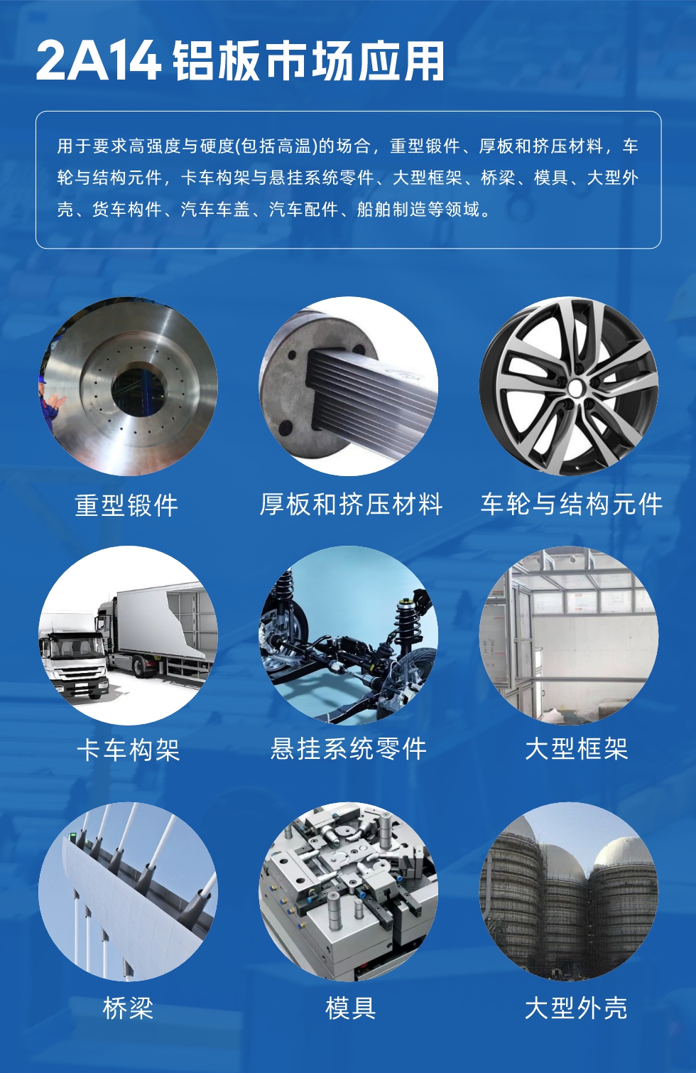2A14铝板市场应用：

用于要求高强度与硬度(包括高温)的场合，重型锻件、厚板和挤压材料，车轮与结构元件，卡车构架与悬挂系统零件、大型框架、桥梁、模具、大型外壳、货车构件、汽车车盖、汽车配件、船舶制造等领域。
