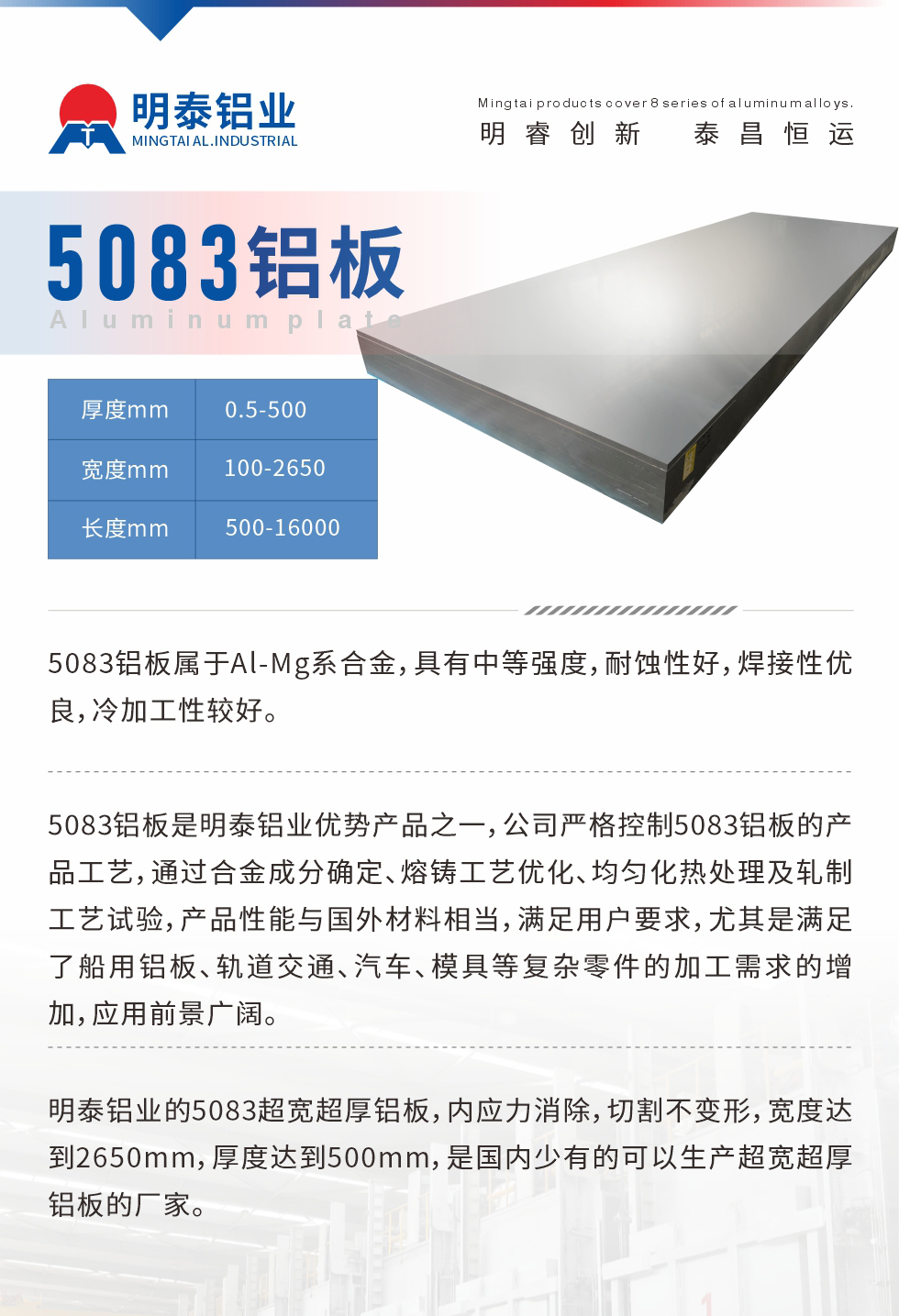 5083铝板属于Al-Mg系合金，具有中等强度，耐蚀性好，焊接性优良，冷加工性较好。
　　5083铝板是耀世铝业优势产品之一，公司严格控制5083铝板的产品工艺，通过合金成分确定、熔铸工艺优化、均匀化热处理及轧制工艺试验，产品性能与国外材料相当，满足用户要求，尤其是满足了船用铝板、轨道交通、汽车、模具等复杂零件的加工需求的增加，应用前景广阔。
　　耀世铝业的5083超宽超厚铝板，内应力消除，切割不变形，宽度达到2650mm，厚度达到500mm，是国内少有的可以生产超宽超厚铝板的厂家。